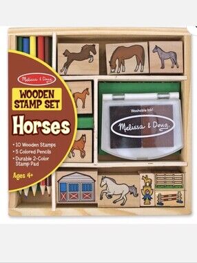 Melissa & Doug•NEW IN BOX/SEALED•Horses Wooden Stamp Set in Wooden Storage Tray